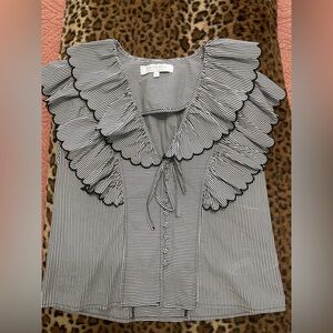 HUNTER BELL Black and White Striped Ruffle-Trim Tie-Neck Blouse